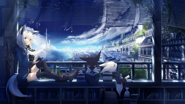 Anime girl with fox ears reading by a futuristic city window