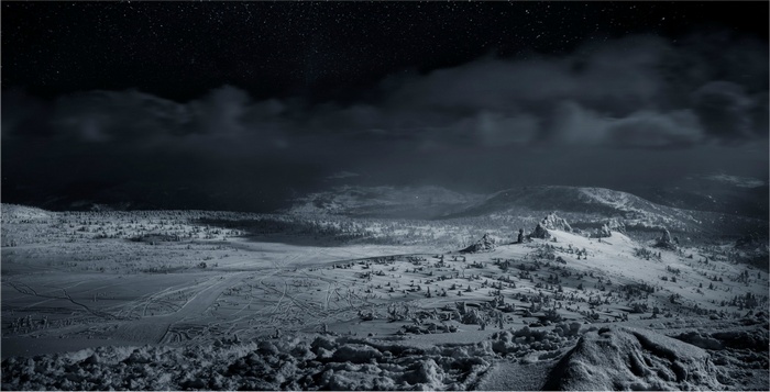 Winter landscape in Siberia under the stars