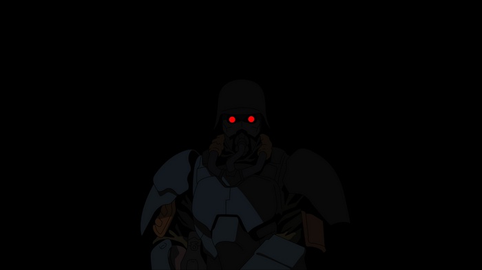 Man in armor with red eyes from Jin-Roh