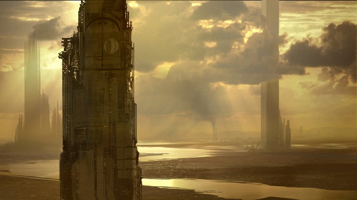 Futuristic city with towering skyscrapers and cloudy sky