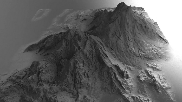 Monochrome digital art of a mountainous landscape