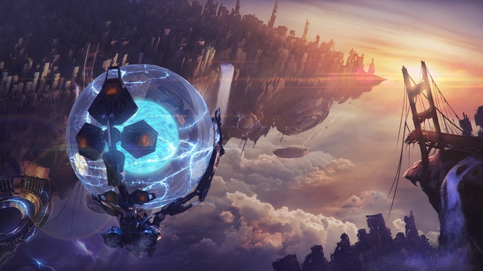Floating city with a glowing energy sphere and bridge