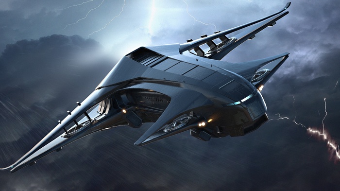 Star Citizen spaceship flying through a thunderstorm
