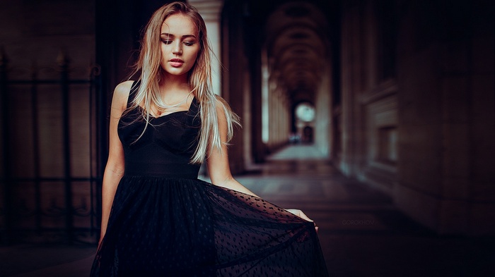 dress, black dress, long hair, Maria Puchnina, Ivan Gorokhov, straight hair, blonde, women, Mary Jane, depth of field, model