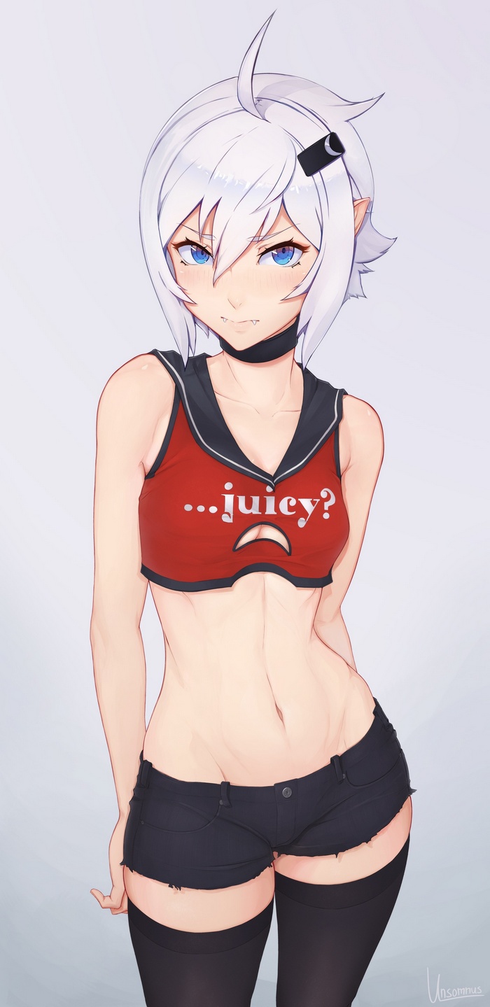 Anime girl with white hair, blue eyes, and fangs