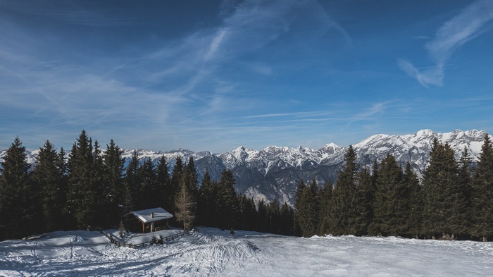 Winter mountain landscape with a small hut and pine trees