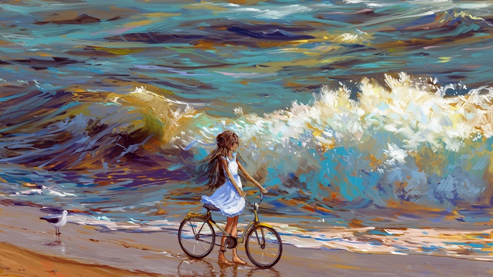Girl with bicycle on the beach with waves and seagull