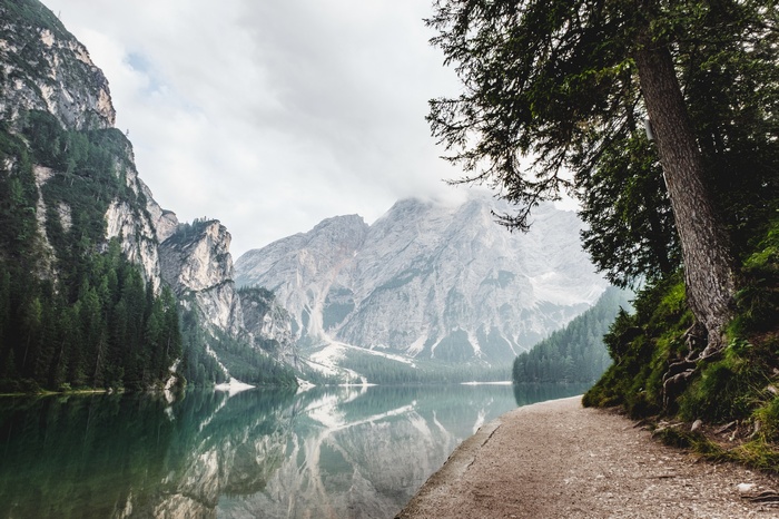 Lake Braies with Mountains and Forest in Italy