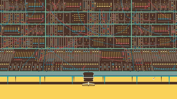 Illustration of a large modular synthesizer with a chair