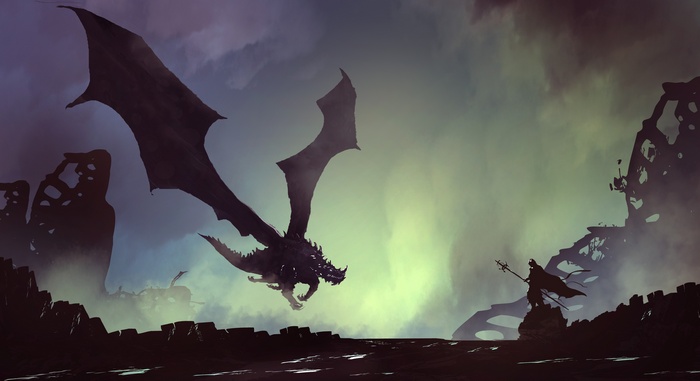 Fantasy art of a dragon and a warrior