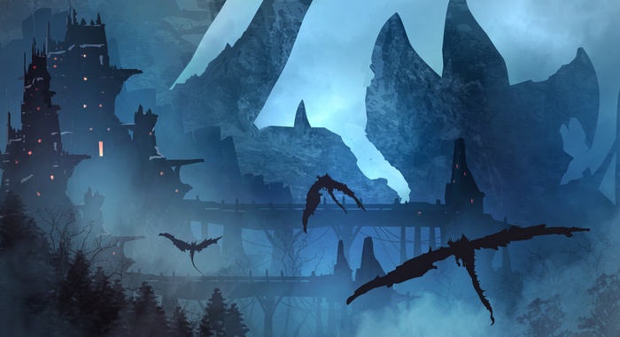 Fantasy landscape with dragons and castles