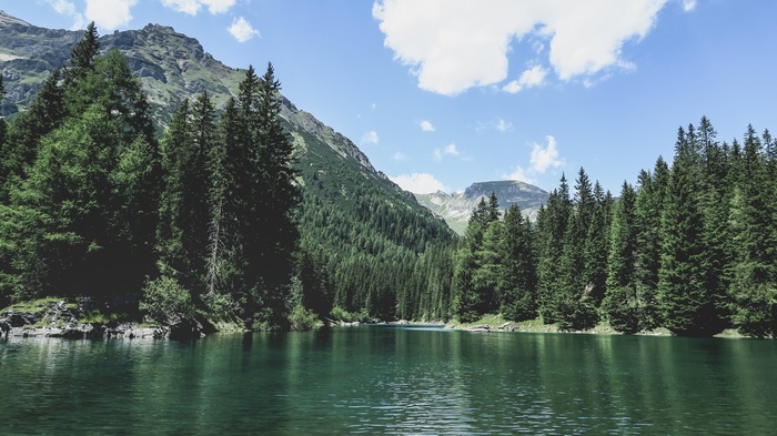 Lake and forest with mountains under a blue sky