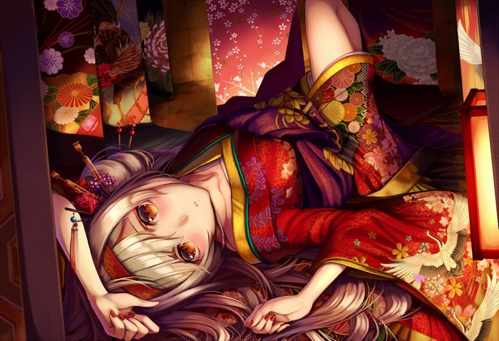 Anime girl in a red and purple kimono lying down