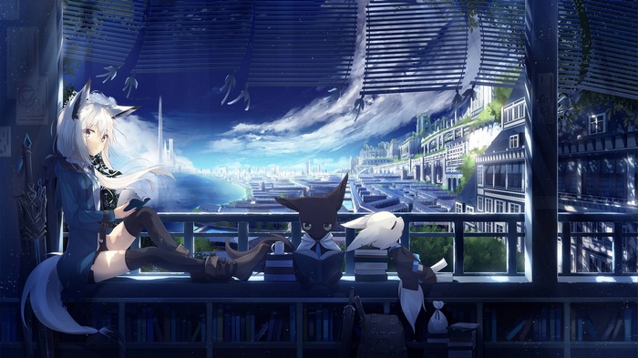 Anime girl with fox ears reading by the window