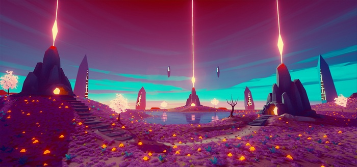 Alien landscape with glowing crystals and monoliths