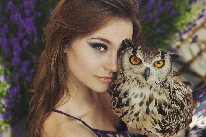 Woman with owl and purple flowers