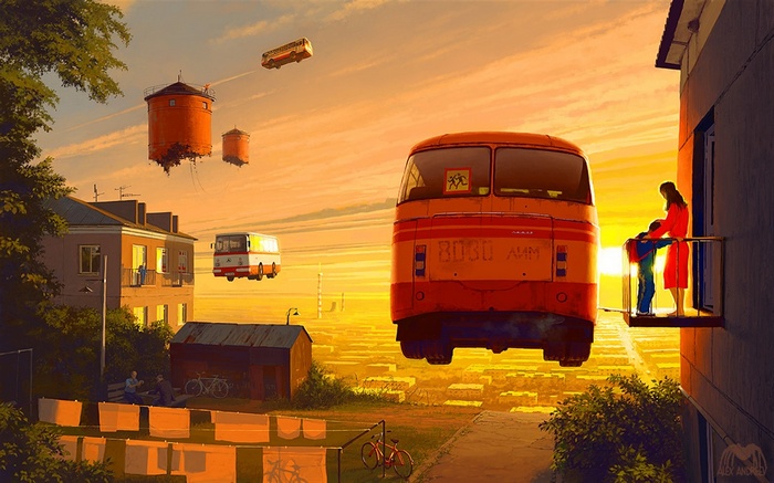 Surreal cityscape with flying buses and water towers