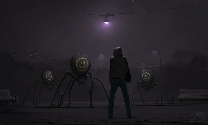 Surreal artwork of spider-like robots with smiley faces