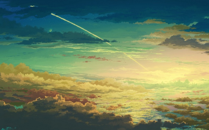 Anime sky with clouds and contrails at sunset