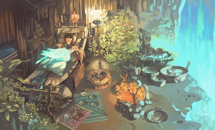 Anime girl resting with a glowing creature in a cave
