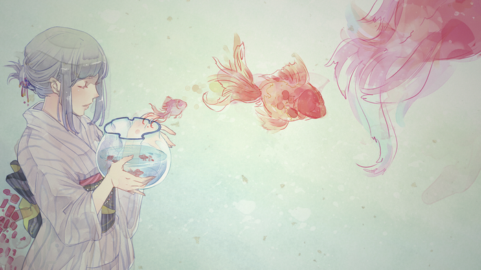 Anime girl with goldfish in a bowl