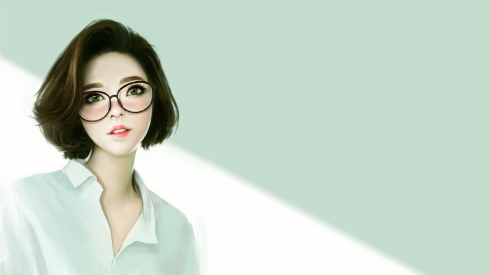 Digital art of a woman with short brown hair and glasses