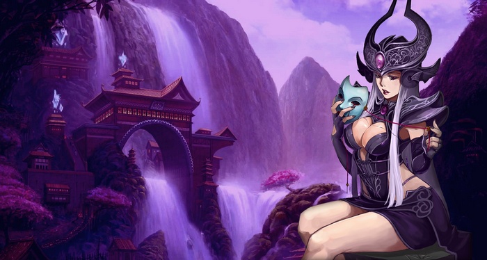 Syndra from League of Legends holding a mask