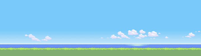 Pixel art landscape with ocean and clouds