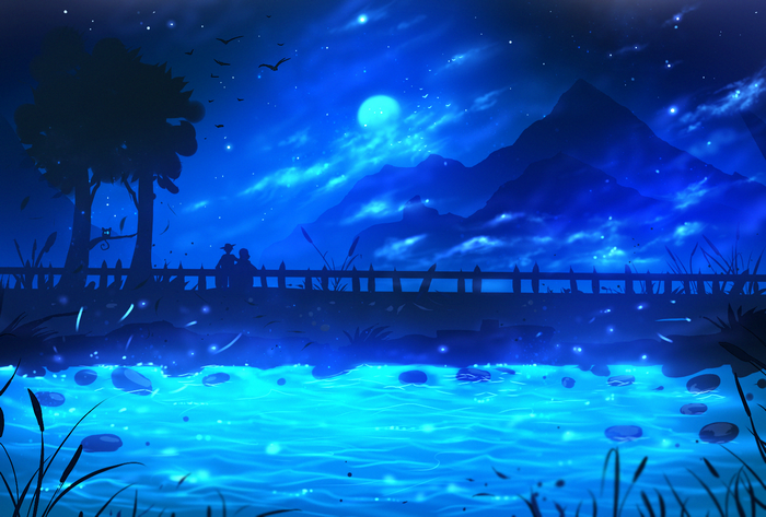 landscape, painting, blue, drawing, water, ryky, digital art