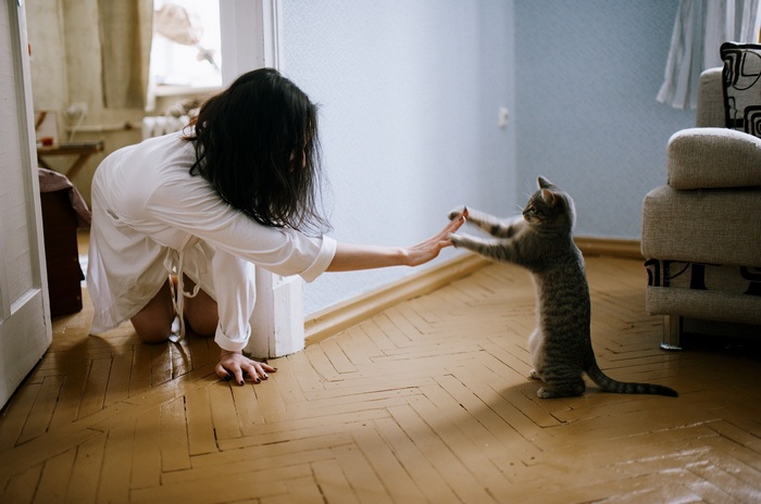 Woman playing with a cat on the floor