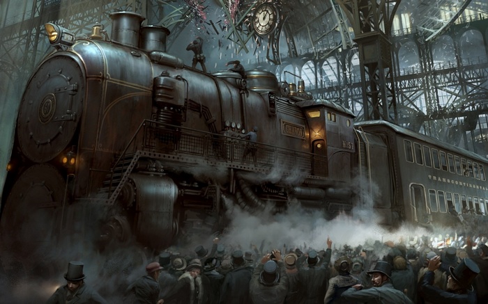 Steampunk train in a station with a crowd