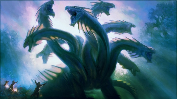 Fantasy art of a multi-headed hydra creature