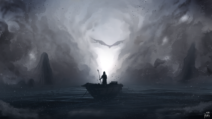 Man in a boat facing a dragon in the sky