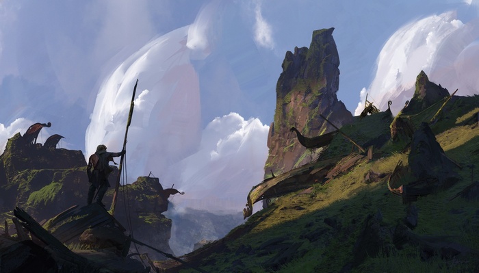 Vikings and longships on a grassy mountainside