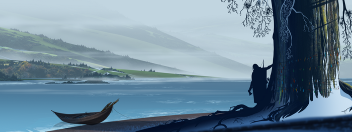 The Banner Saga concept art of a figure by a tree