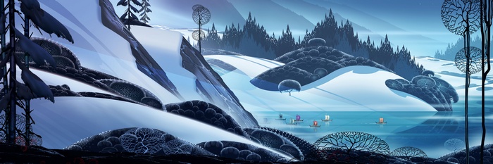 The Banner Saga concept art of a winter landscape with boats