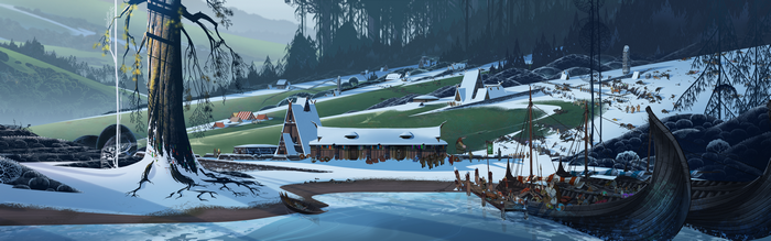 The Banner Saga concept art of a Viking village in winter