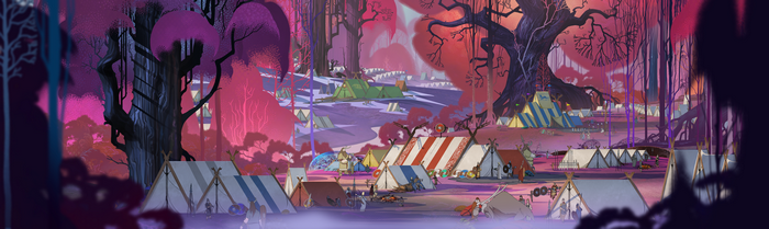 The Banner Saga concept art of a campsite in a forest