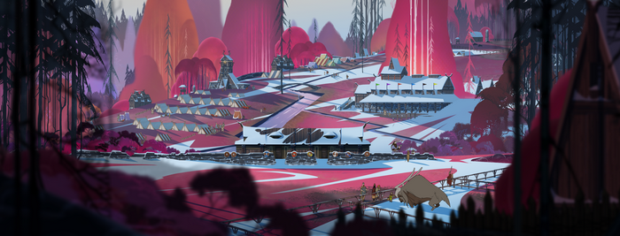 The Banner Saga concept art of a snowy settlement