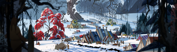 The Banner Saga concept art of a winter camp