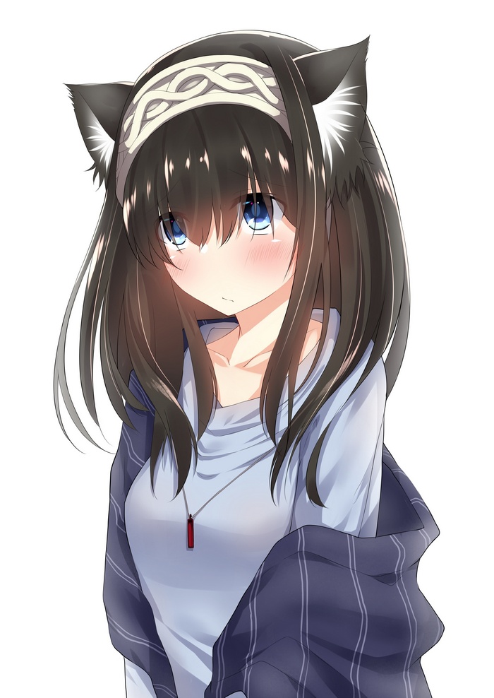 brunette, white background, THE iDOLM@STER, THE iDOLM@STER: Cinderella Girls, blue eyes, simple background, animal ears, Sagisawa Fumika