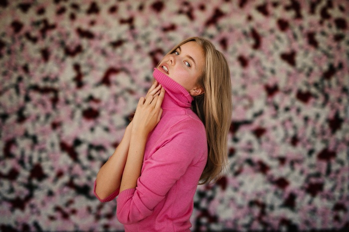 brunette, Jesse Herzog, turtlenecks, pink tops, looking at viewer, Sanna Rytila, sweater, women