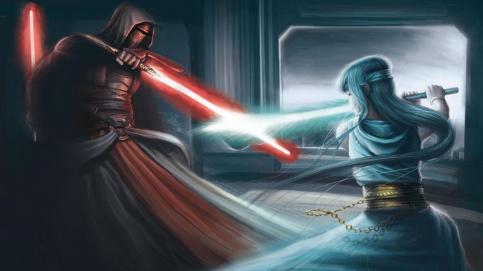 Darth Revan and Bastila Shan from Star Wars fighting with lightsabers