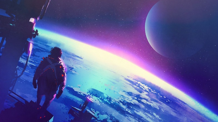 Astronaut looking at Earth from space station