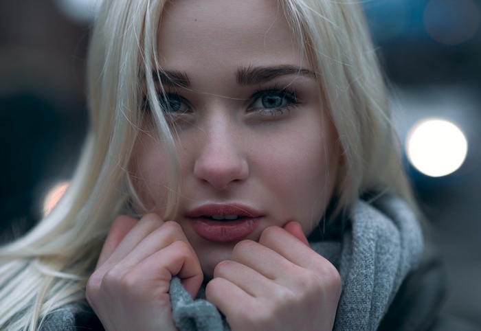 Portrait of a blonde woman with blue eyes