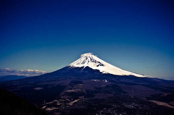 Mount Fuji volcano under a clear blue sky
