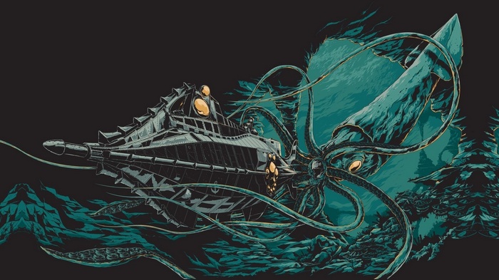 Nautilus submarine fighting a giant squid in the deep sea