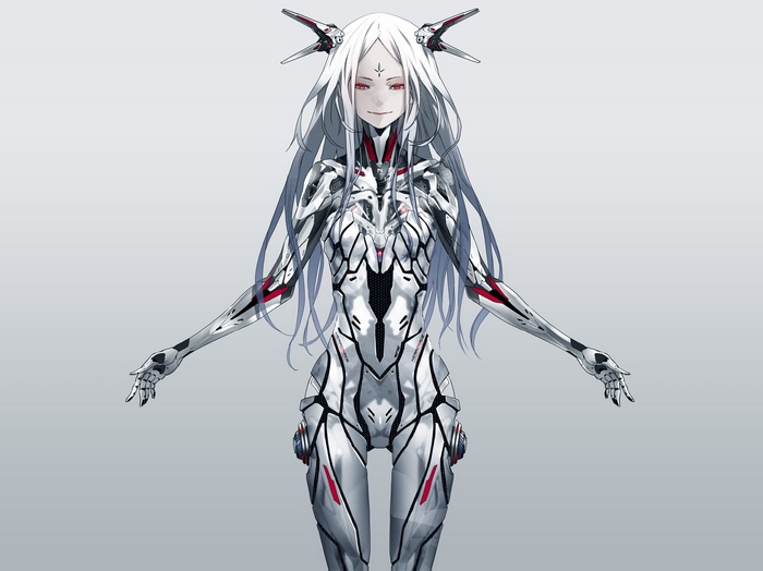 Anime girl in white and red mecha suit