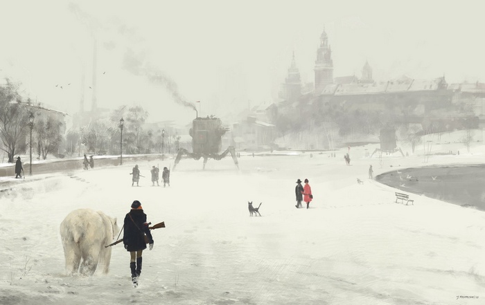 Steampunk painting of a girl with a polar bear in a snowy city