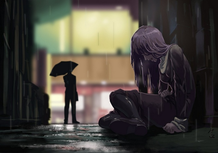 Girl sitting in the rain with an umbrella figure in the background
